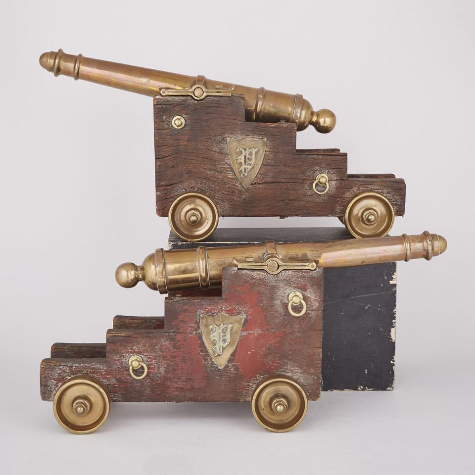 Pair of Brass Models of Naval Deck Cannons, mid 20th century