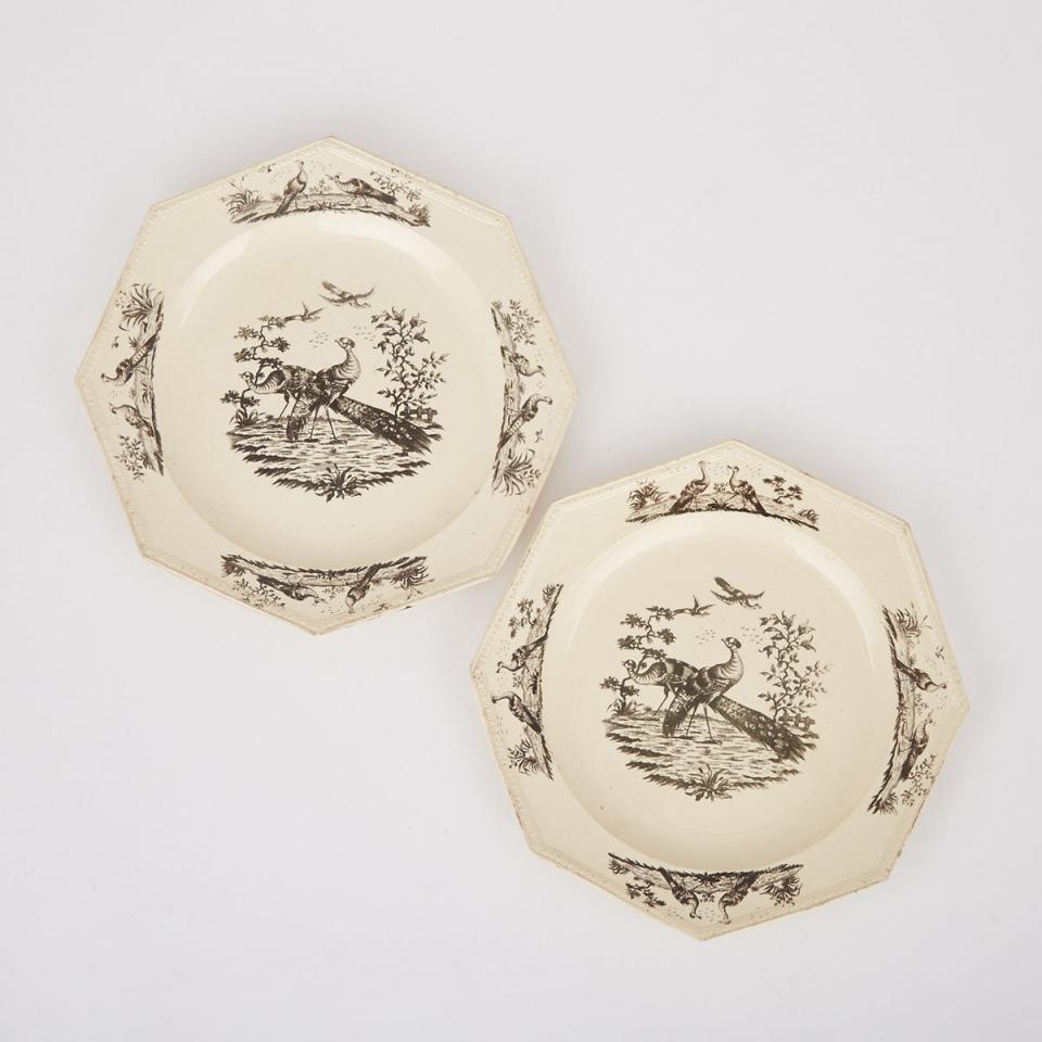 Two English Creamware ‘Liverpool Birds’ Octagonal Plates, late 18th century 