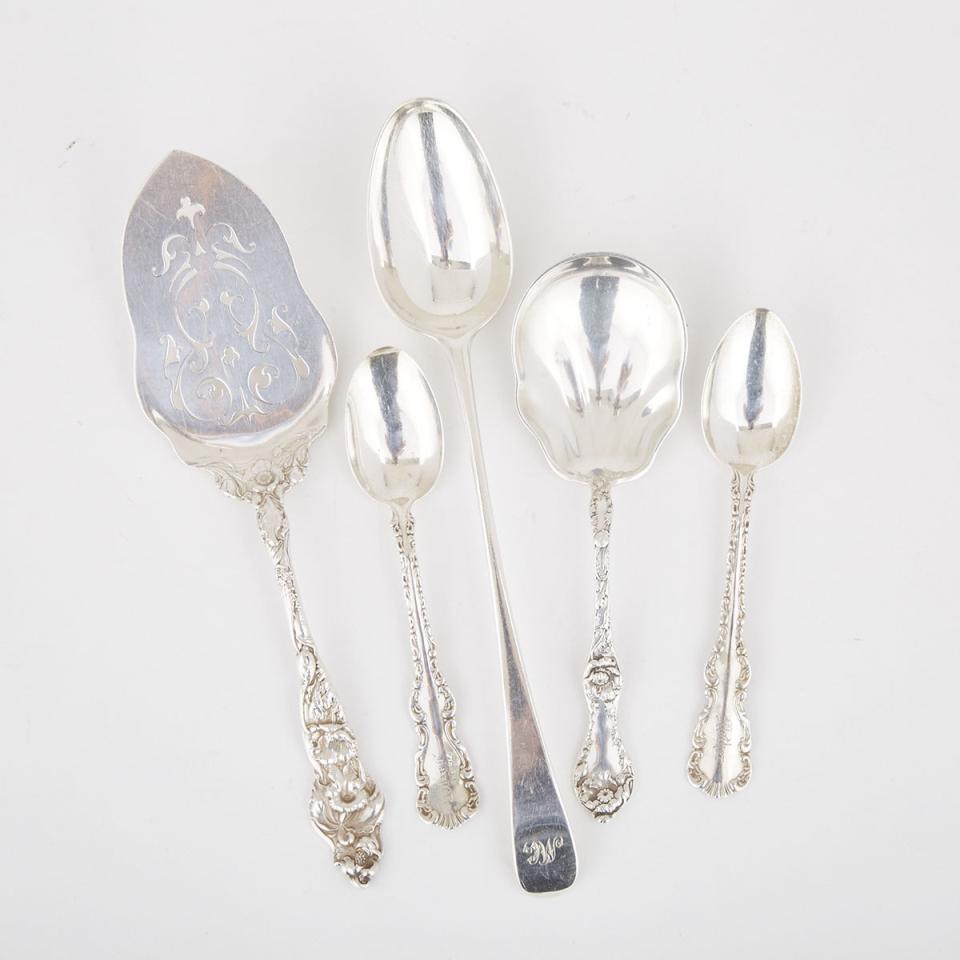 George III Silver Old English Pattern Serving Spoon and Four Pieces of North American Silver Flatware, c.1767 and later