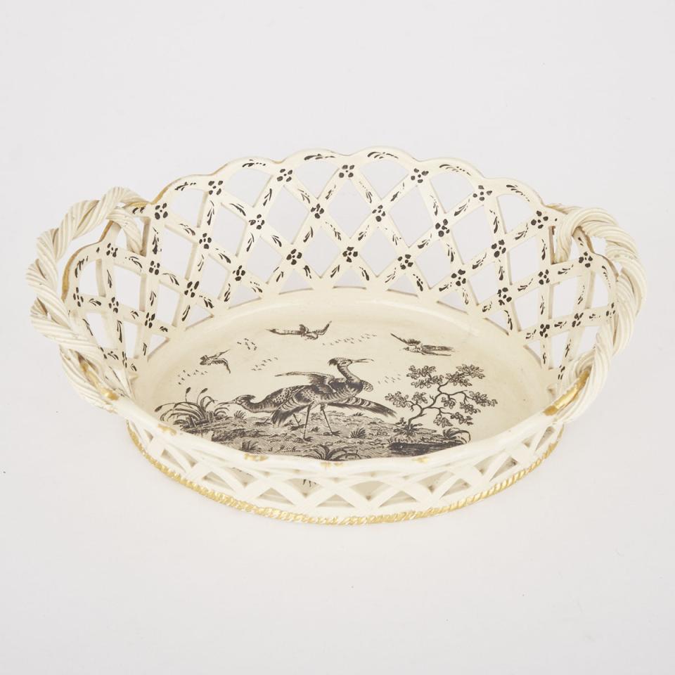English Creamware ‘Liverpool Birds’ Pierced Oval Basket, late 18th century 