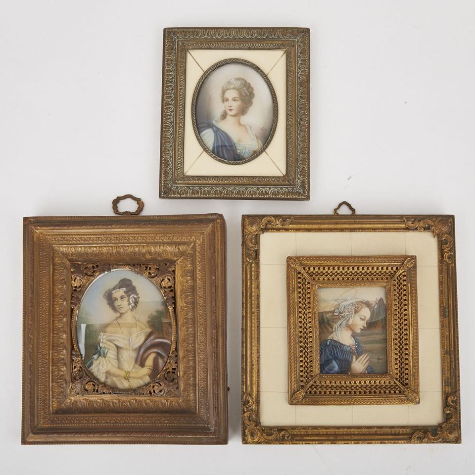 Group of Three Portrait Miniatures of Ladies, late 19th century