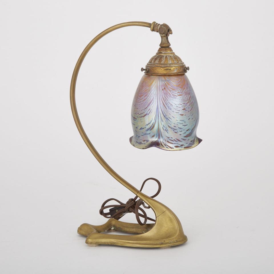 Austrian Art Nouveau Brass Desk Lamp with Iridescent Glass Shade, c.1900