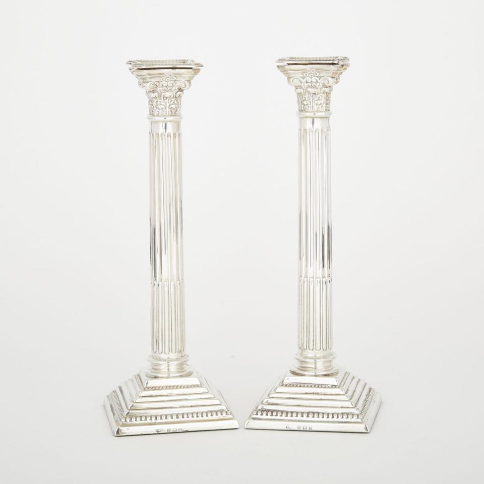 Pair of English Silver Corinthian Columnar Table Candlesticks, Britton, Gould & Co., Birmingham, 1928