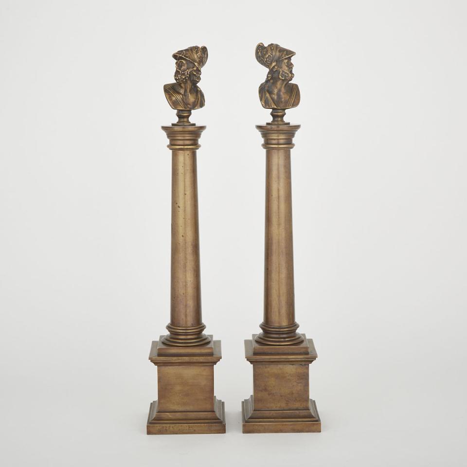 Pair of Patinated Bronze Column Form Garniture, 20th century