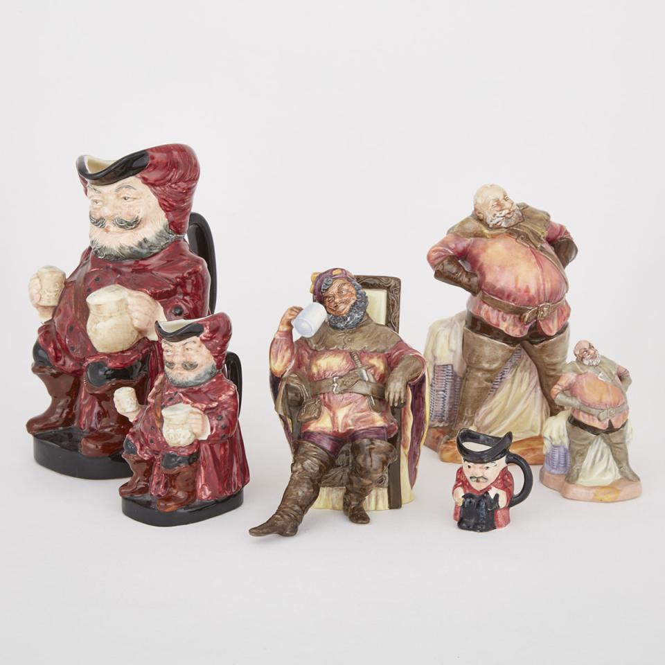 Two Royal Doulton ‘Sir John Falstaff’ Character Jugs, Two ‘Falstaff’ Figures (HN 2054 and 3236), Figure of ‘The Foaming Quart’ (HN 2162) and a Shorter Small Jug, 20th century