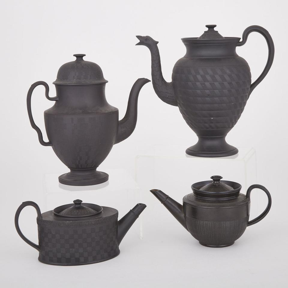 Four English Black Basalt Tea and Coffee Pots, late 18th/19th century