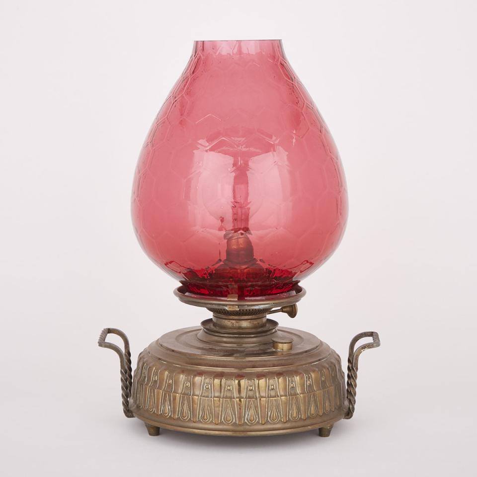 Large Victorian Cranberry Glass and Brass Kerosene Lamp, mid 19th century