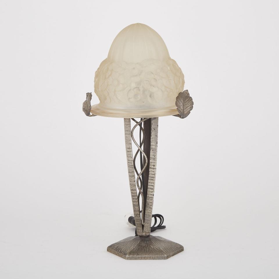 French Art Deco Wrought Iron and Etched Glass Table Lamp, c.1930