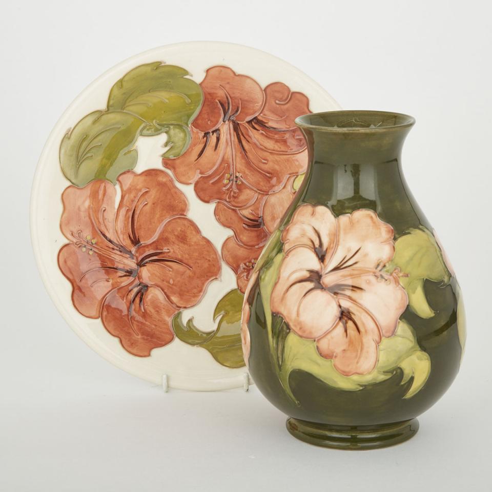 Moorcroft Hibiscus Vase and Plate, 1970s