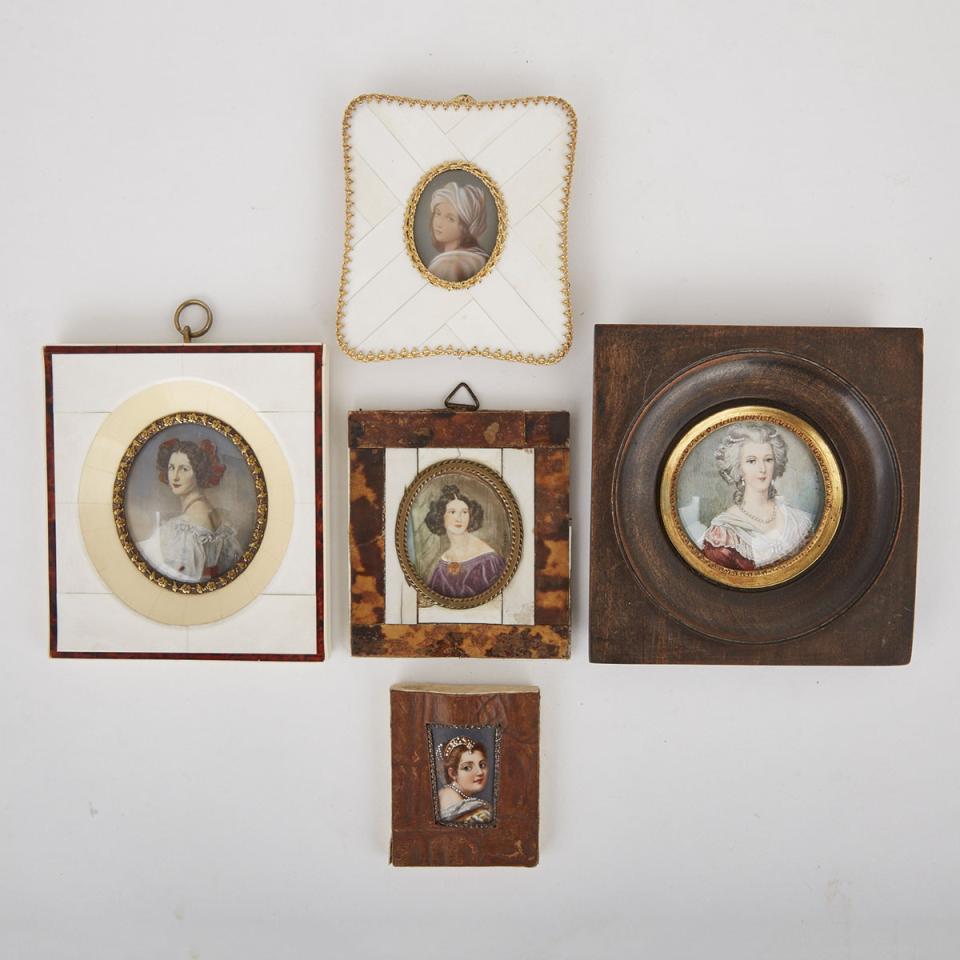 Group of Five Portrait Miniatures of Ladies, 19th and 20th centuries