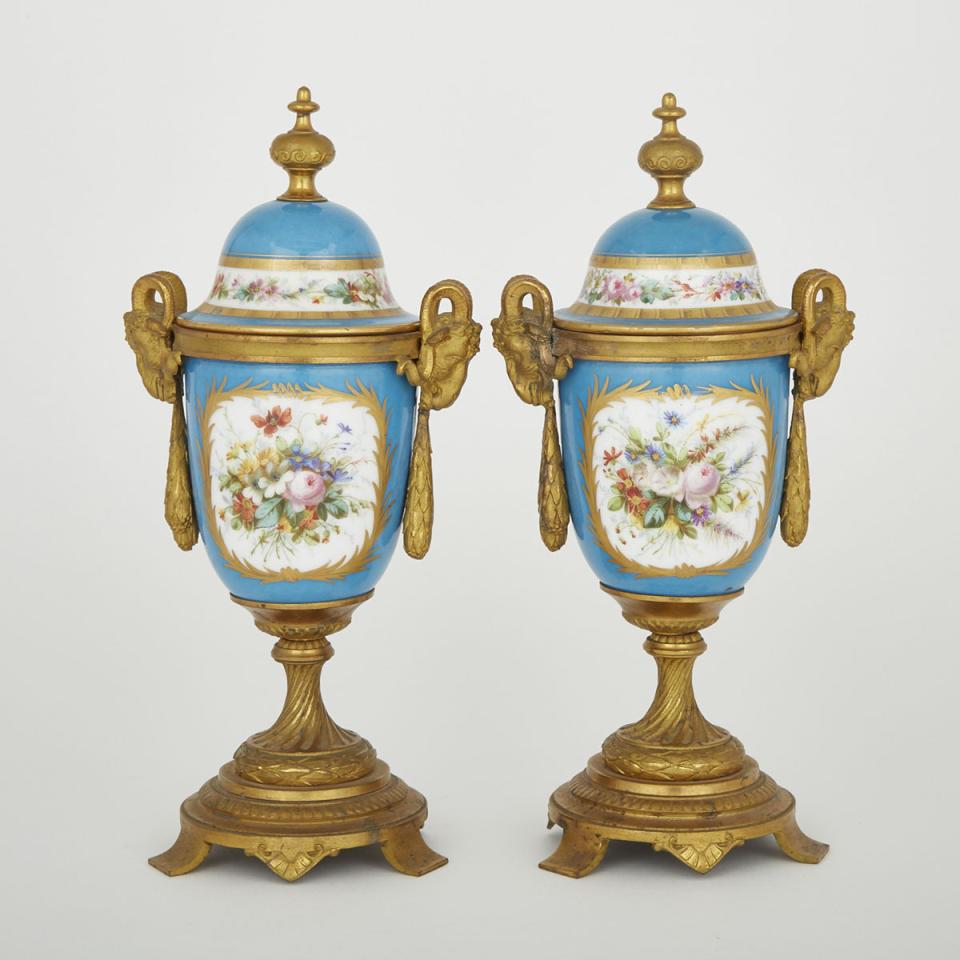 Pair of Gilt Bronze Mounted ‘Sèvres’ Blue Ground Vases and Covers, late 19th century 
