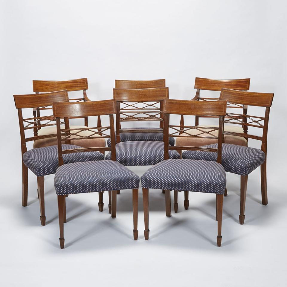 Set of Eight Regency Style Satinwood Strung Mahogany Dining Chairs, mid 20th century