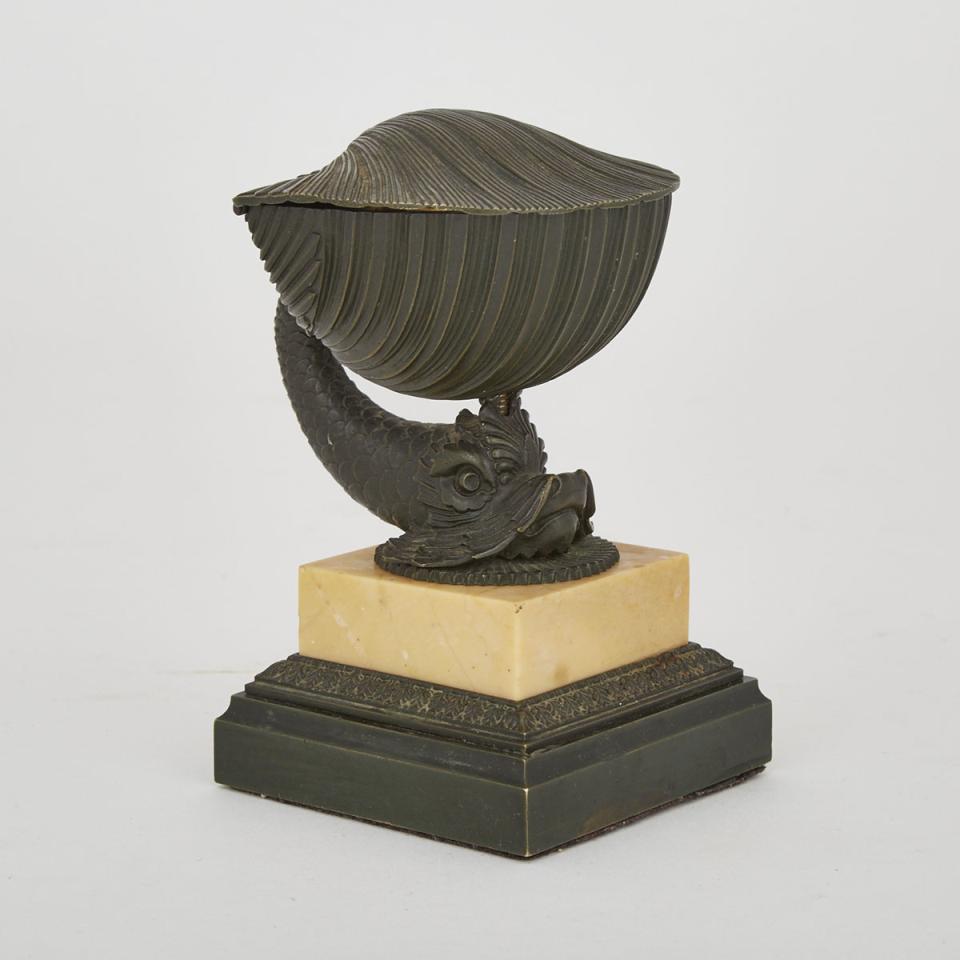 Neapolitan Bronze Shell and Dolphin Form Inkwell, 19th century