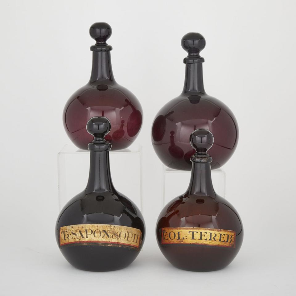 Set Four Large Victorian Amethyst Glass Apothecary Bottles, 19th century