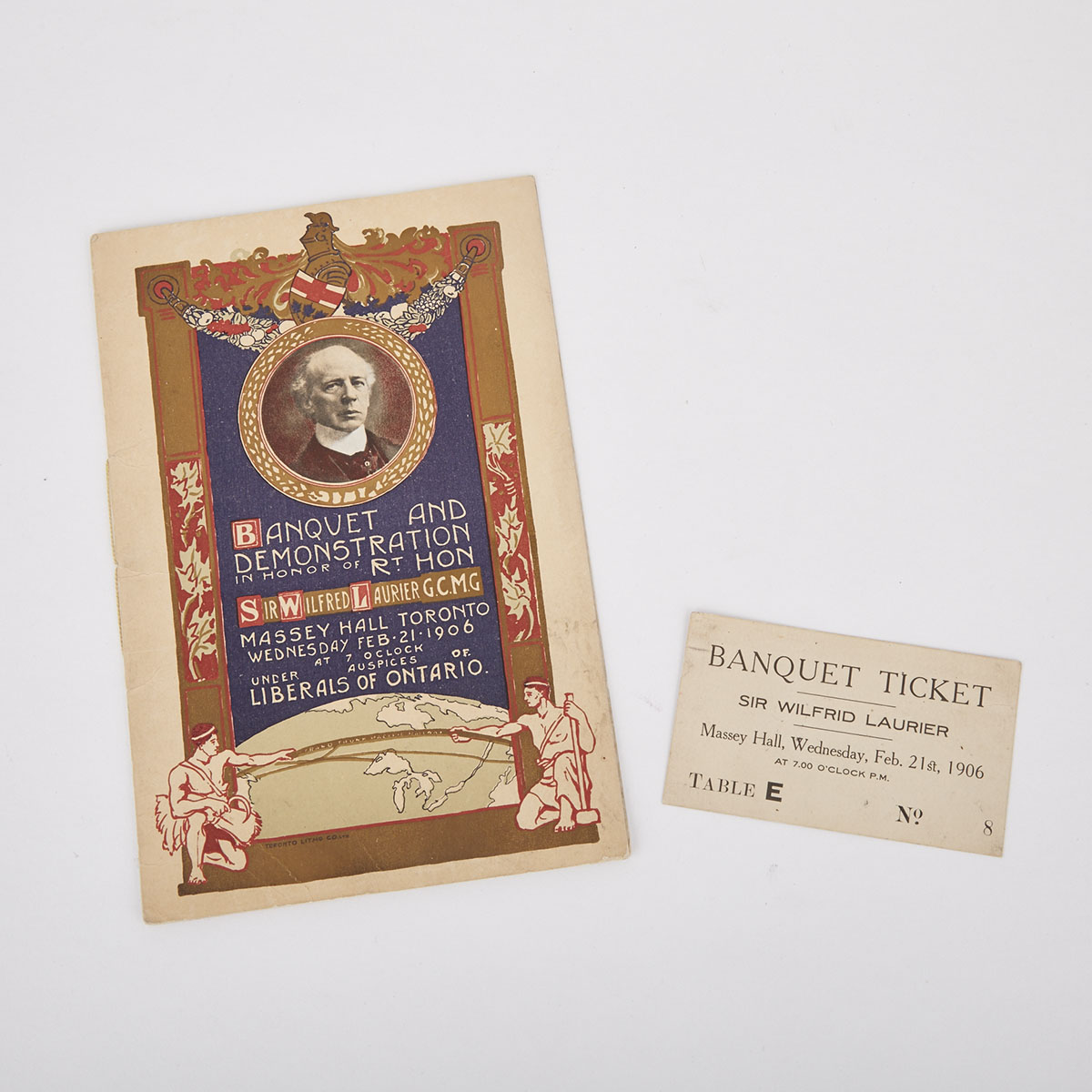 Menu and Ticket for a Banquet and Demonstration in Honour of Rt. Hon. Sir Wilfrid Laurier at Massey Hall, Toronto, 1906