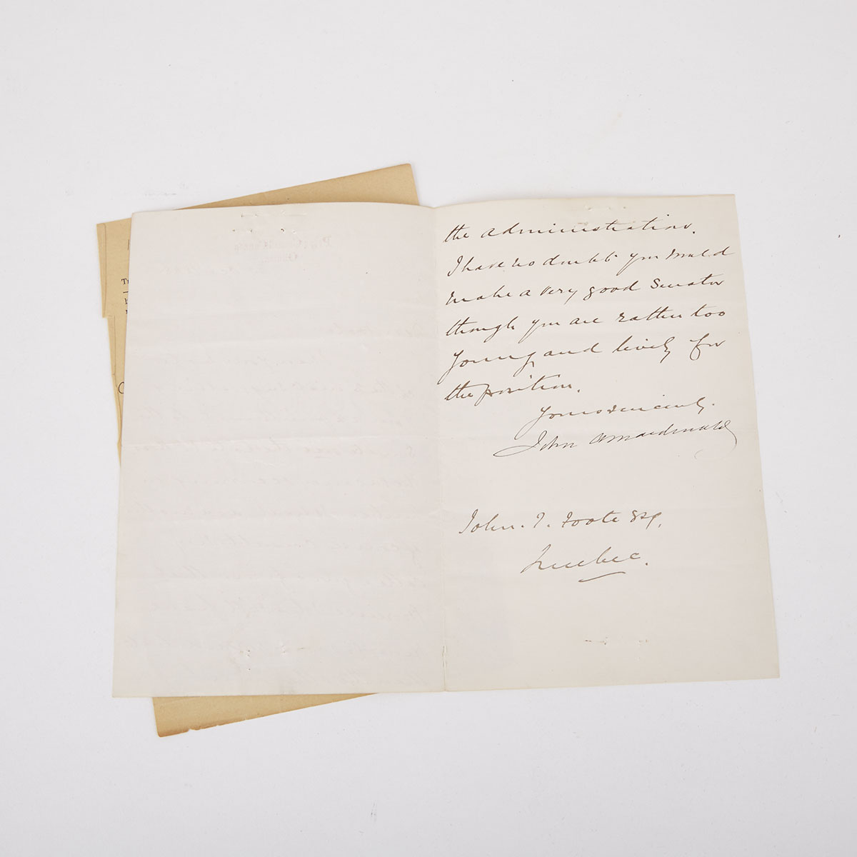 Sir John A. Macdonald Signed Letter,  October 10, 1888, and Telegraph, January 12, 1891