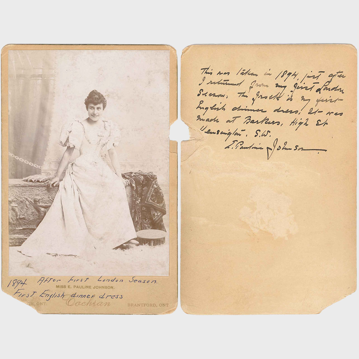 E. Pauline Johnson (Tekahionwake) Signed Portrait Cabinet Card, Cochran Studio, Brantford, 1894