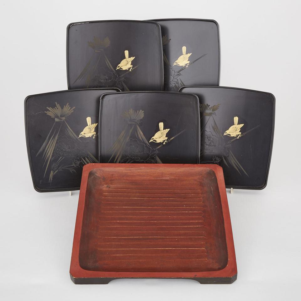 A Set of Five Black Lacquer Trays Together with a Large Painted Tray