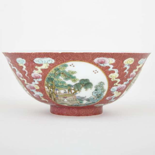 A Ruby Ground Famille Rose Bowl, Jiaqing mark