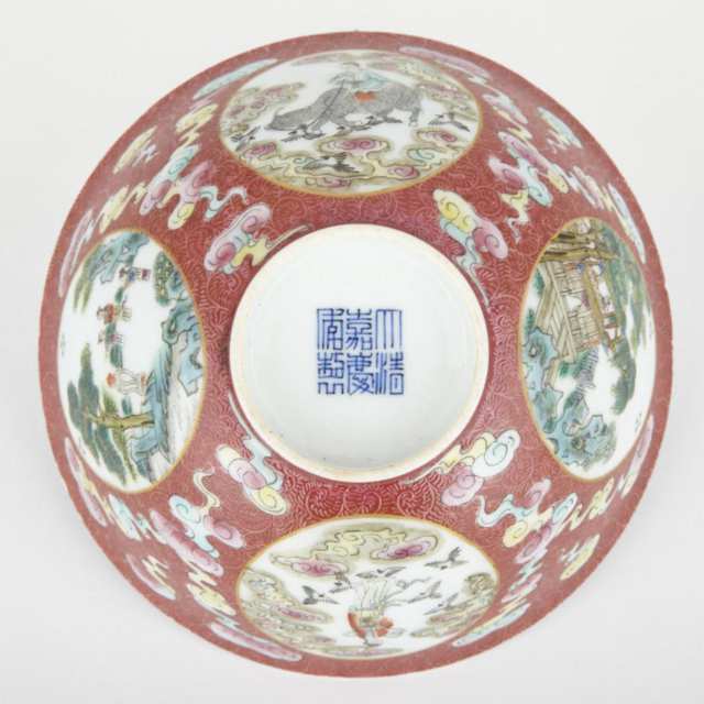A Ruby Ground Famille Rose Bowl, Jiaqing mark