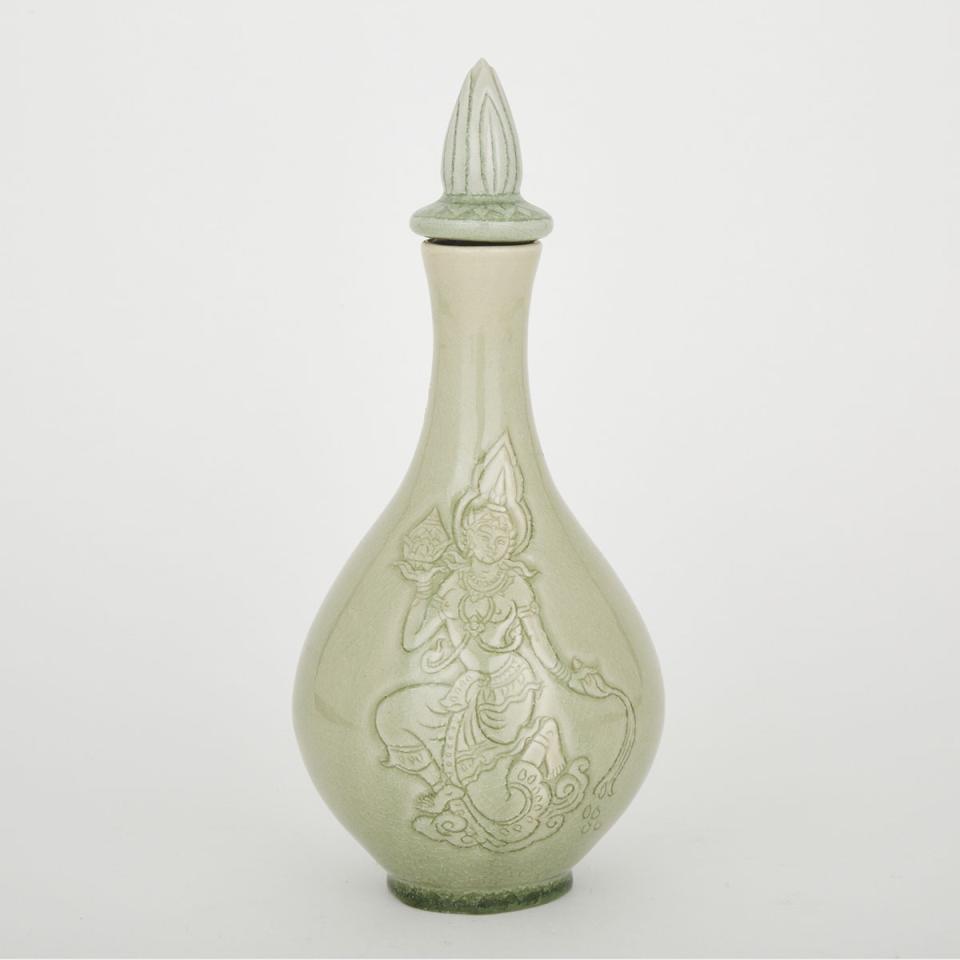 A Celadon-Ground Crackle-Glazed Southeast Asian Covered Vase