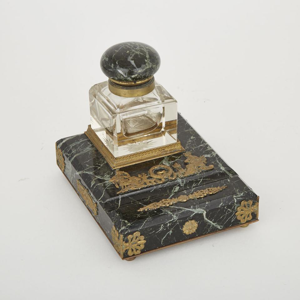 French Empire Ormolu Mounted Verde Antique Marble and Glass Ink Stand, c.1900