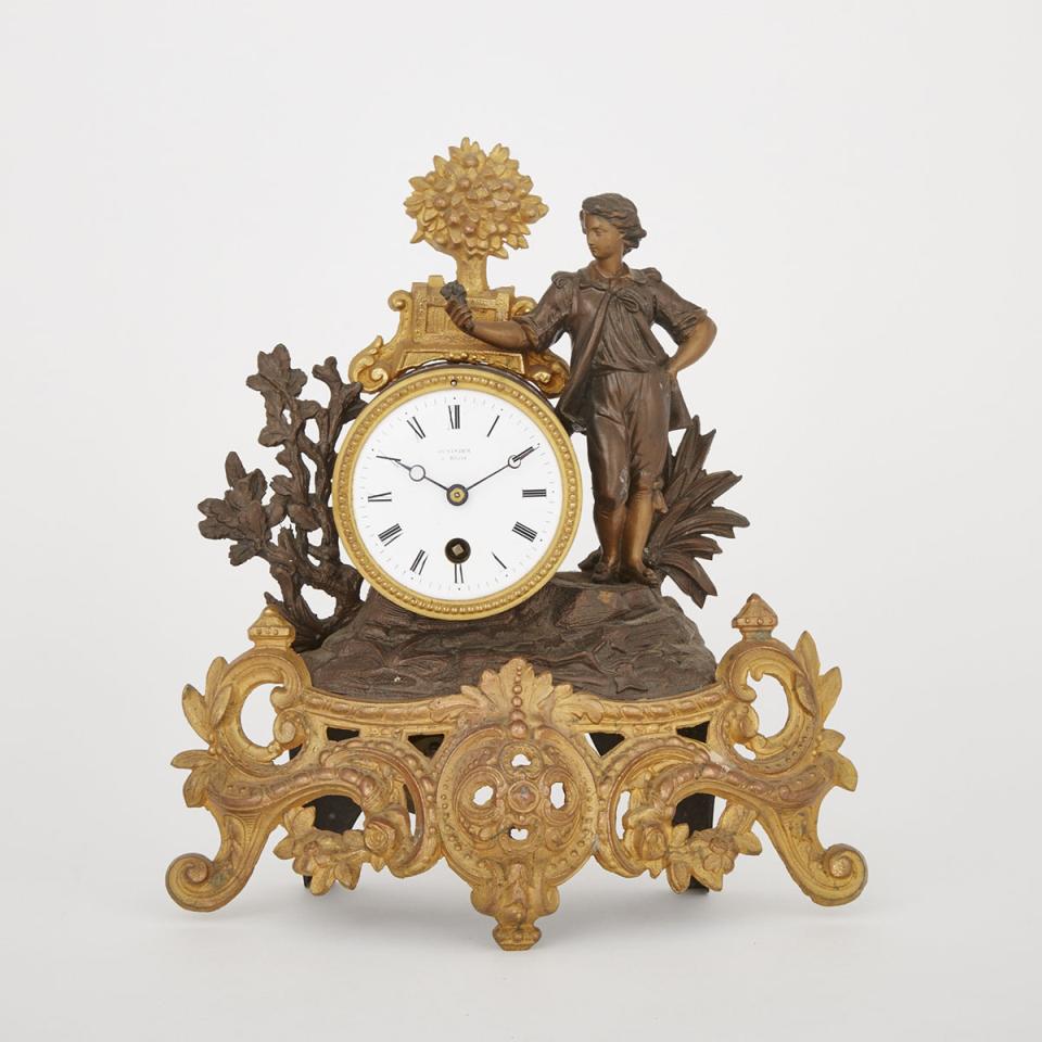 French Gilt and Patinated Metal Figural Mantle Clock, 19th century