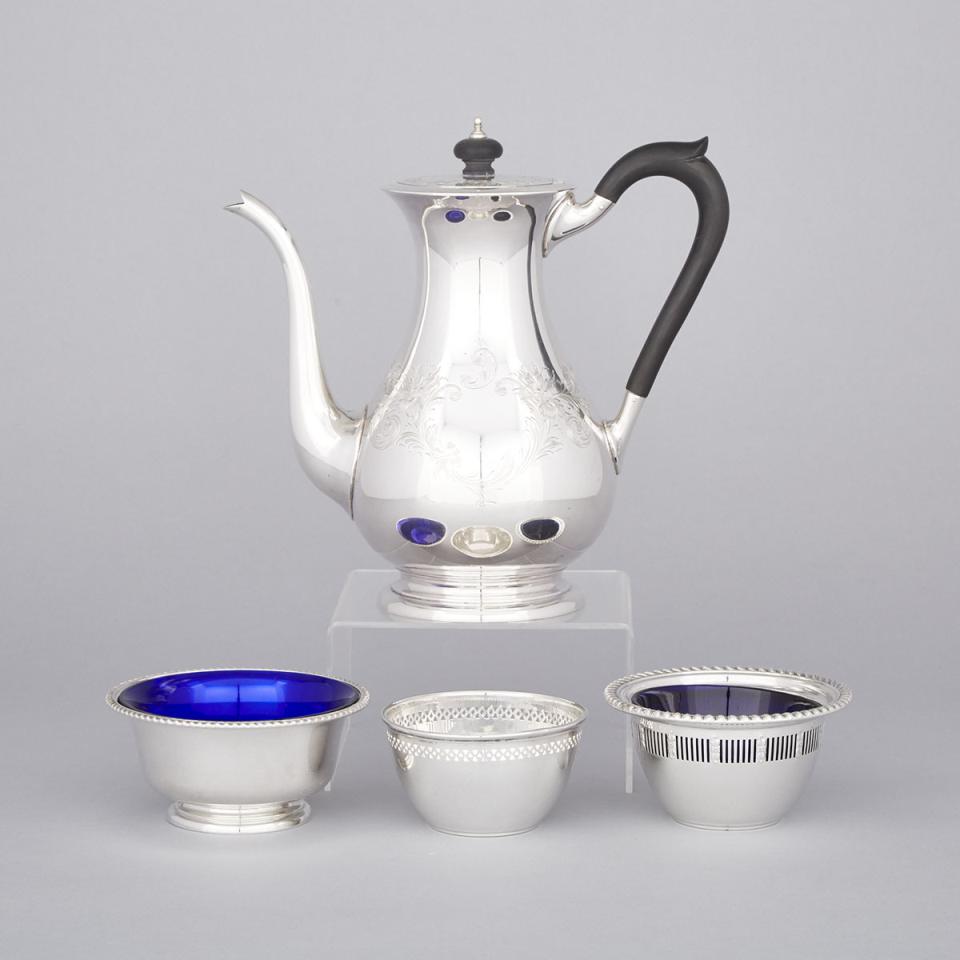 Canadian Silver Coffee Pot and Three Small Bowls, Henry Birks & Sons, Montreal, Que., 20th century