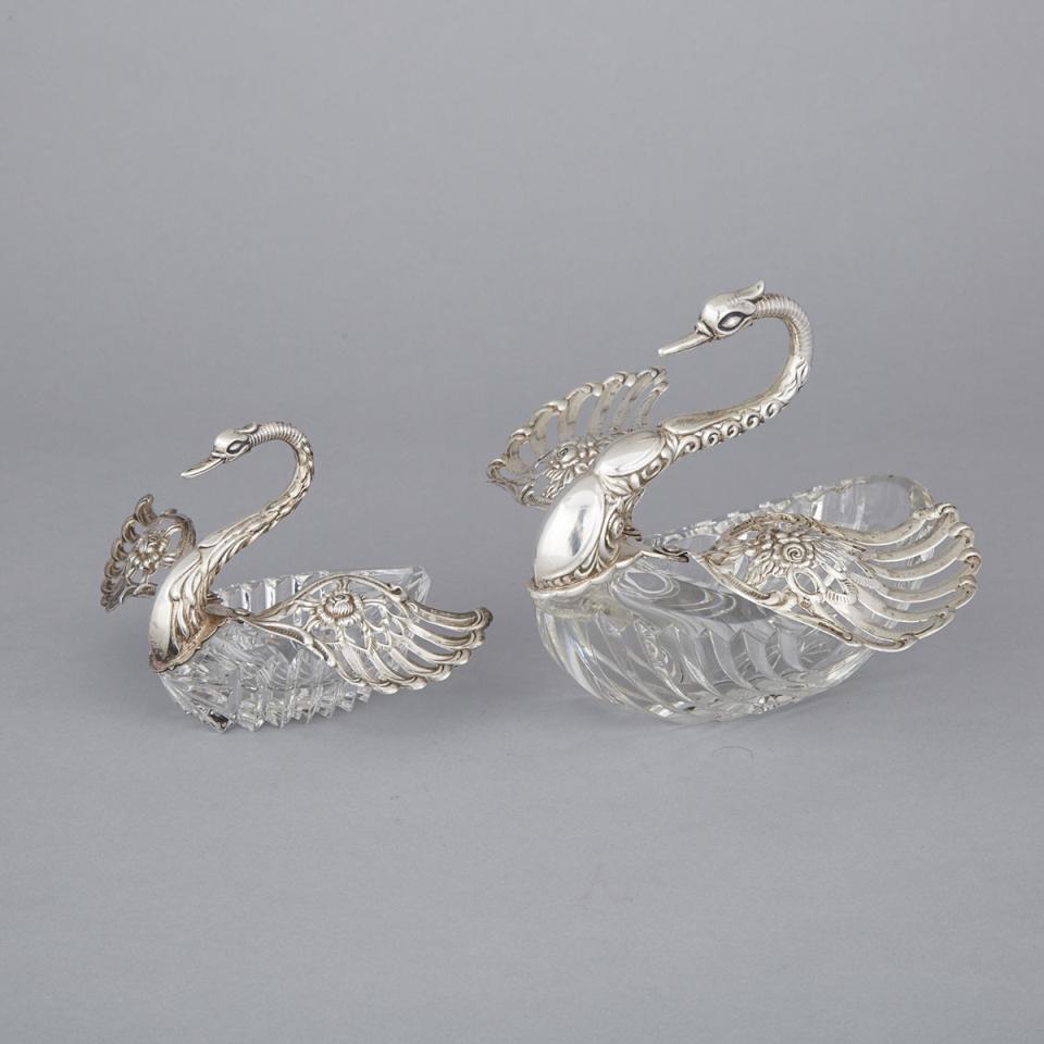 Two Continental Silver and Cut Glass Swan Candy Dishes, 20th century