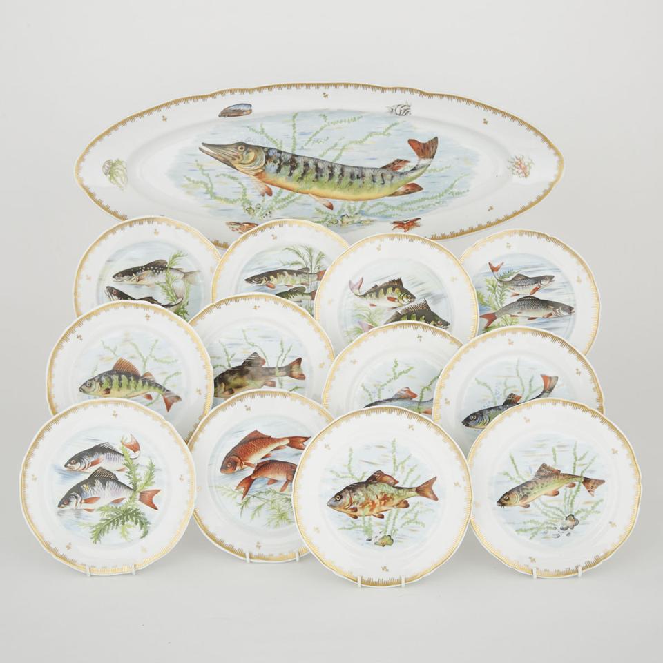 French Porcelain Oval Fish Platter and Twelve Plates 