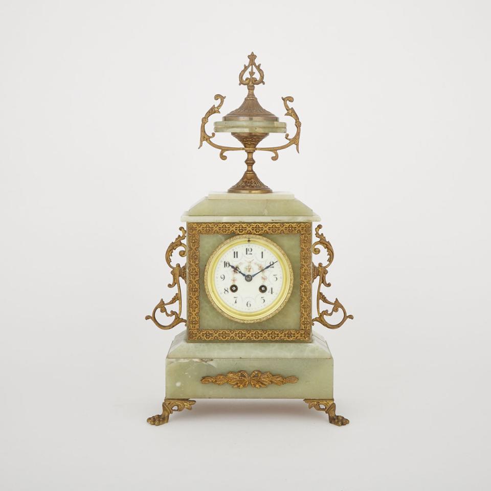 French Ormolu Mounted Green Onyx Mantle Clock, c.1870
