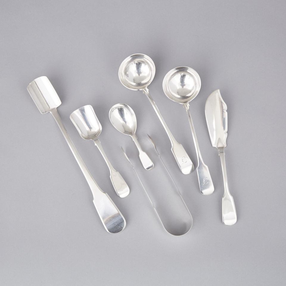Group of Late Georgian and Early Victorian Silver Fiddle Pattern Flatware, c.1805-44