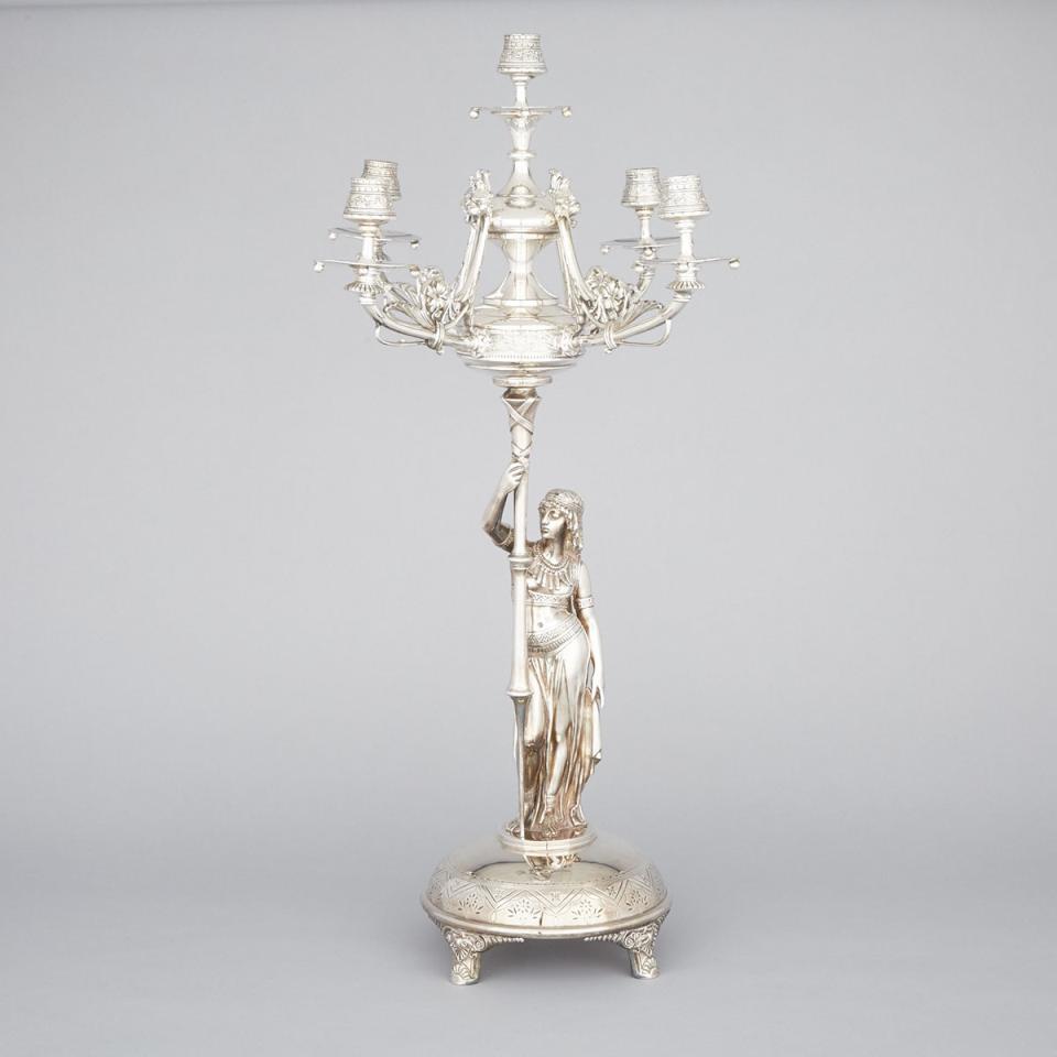 American Silver Plated Five-Light Figural Candelabrum, Meriden Britannia Co., 1880s