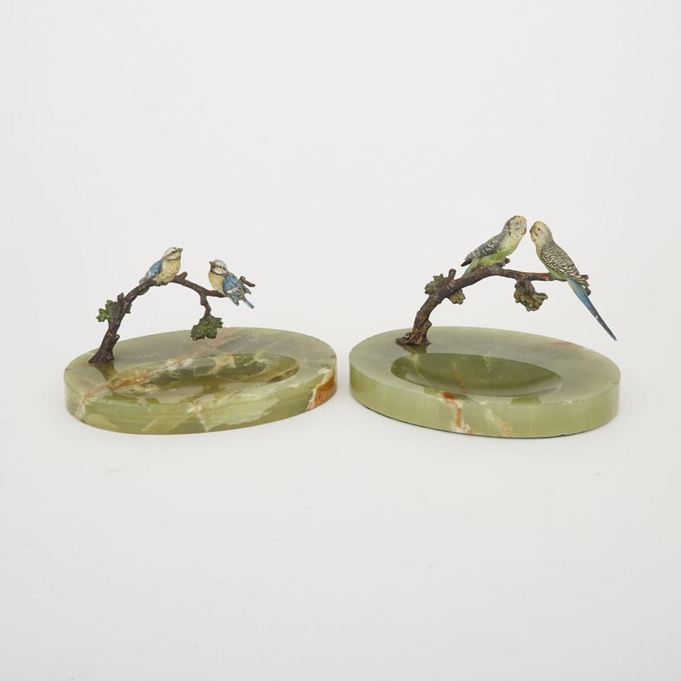 Two Austrian Avian Cold Painted  Bronze Mouted Onyx Vide-Poches, c.1900