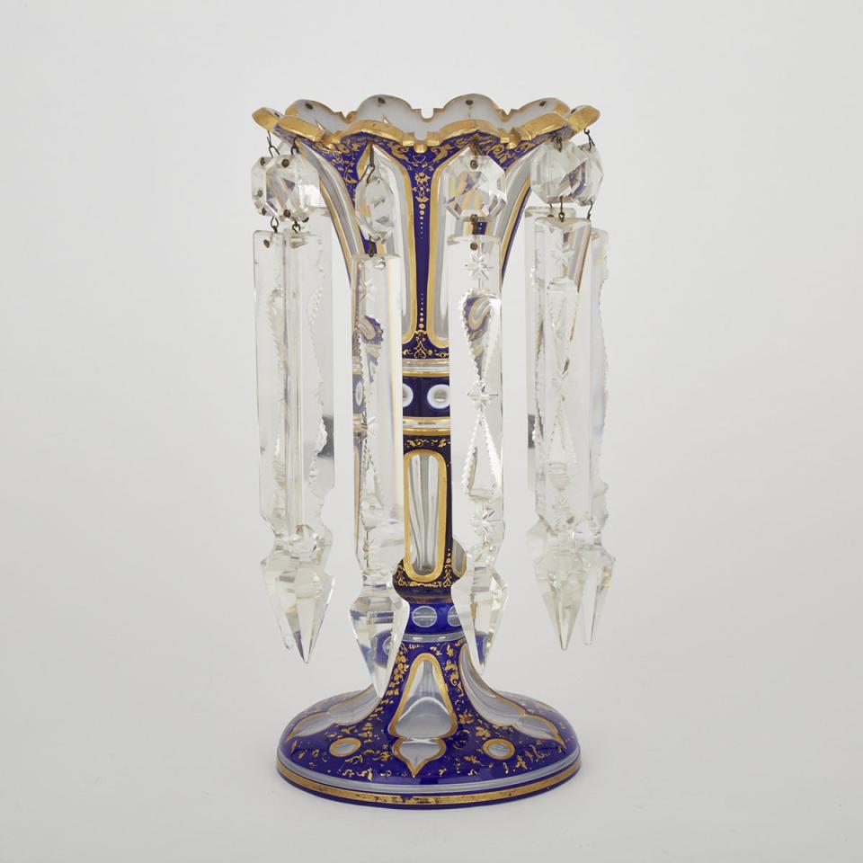 Bohemian Blue and Opaque White Overlaid, Cut and Gilt Glass Lustre, late 19th/early 20th century
