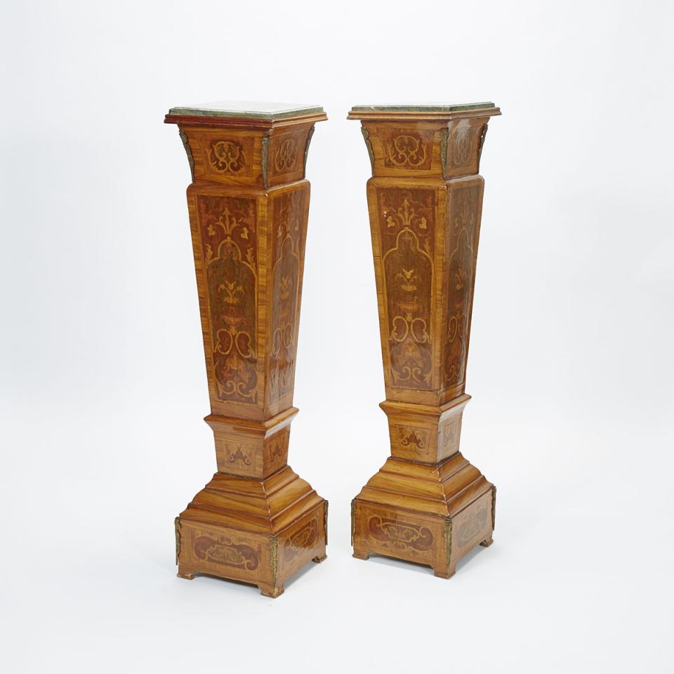 Pair of French Ormolu Mounted Marquetry Inlaid Kingwood Marble Top Pedestals, early 20th century