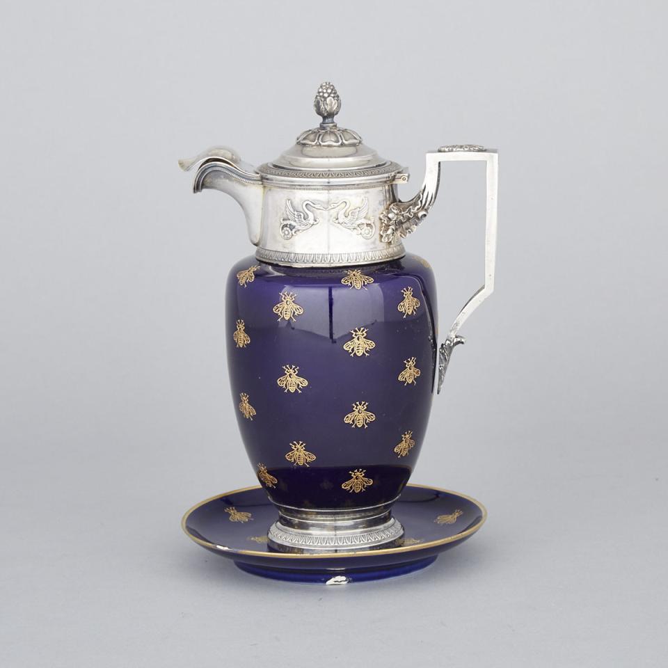 French Silver Mounted ‘Sèvres’ Syrup Jug and Stand, V. Boivin, Paris, c.1900