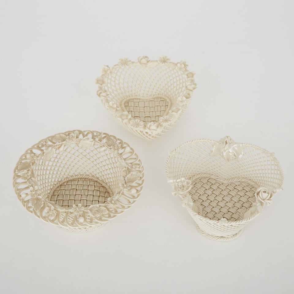 Three Belleek Baskets with Applied Ornament, 20th century 