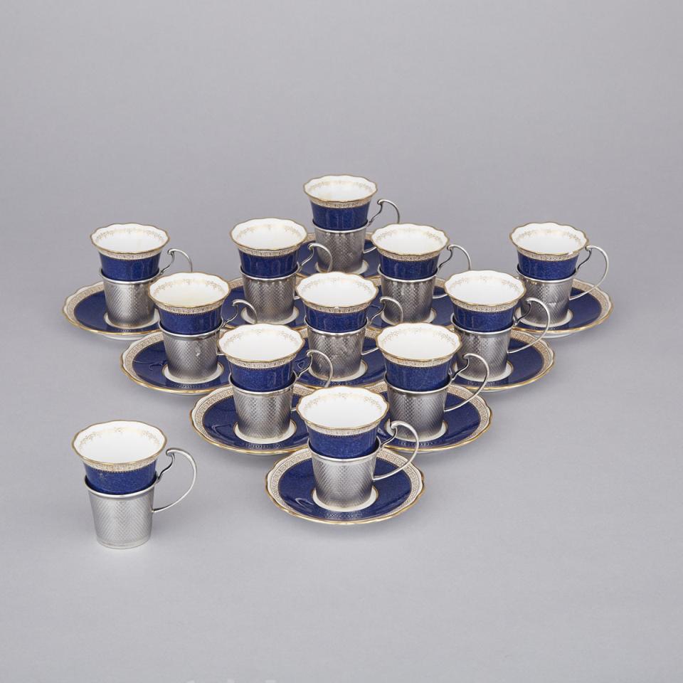 Twelve English Silver Mounted Spode Coffee Cups and Eleven Saucers, Charles S. Green & Co., Birmingham, 1921