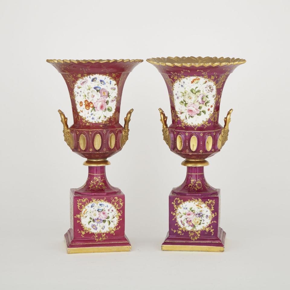 Pair of Paris Porcelain Claret-Ground Mantel Urns, 19th century