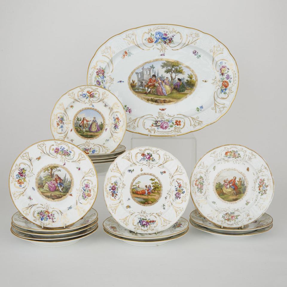 ‘Meissen’ Neu Dulong Watteau-esque Figures and Floral Paneled Service, 19th century