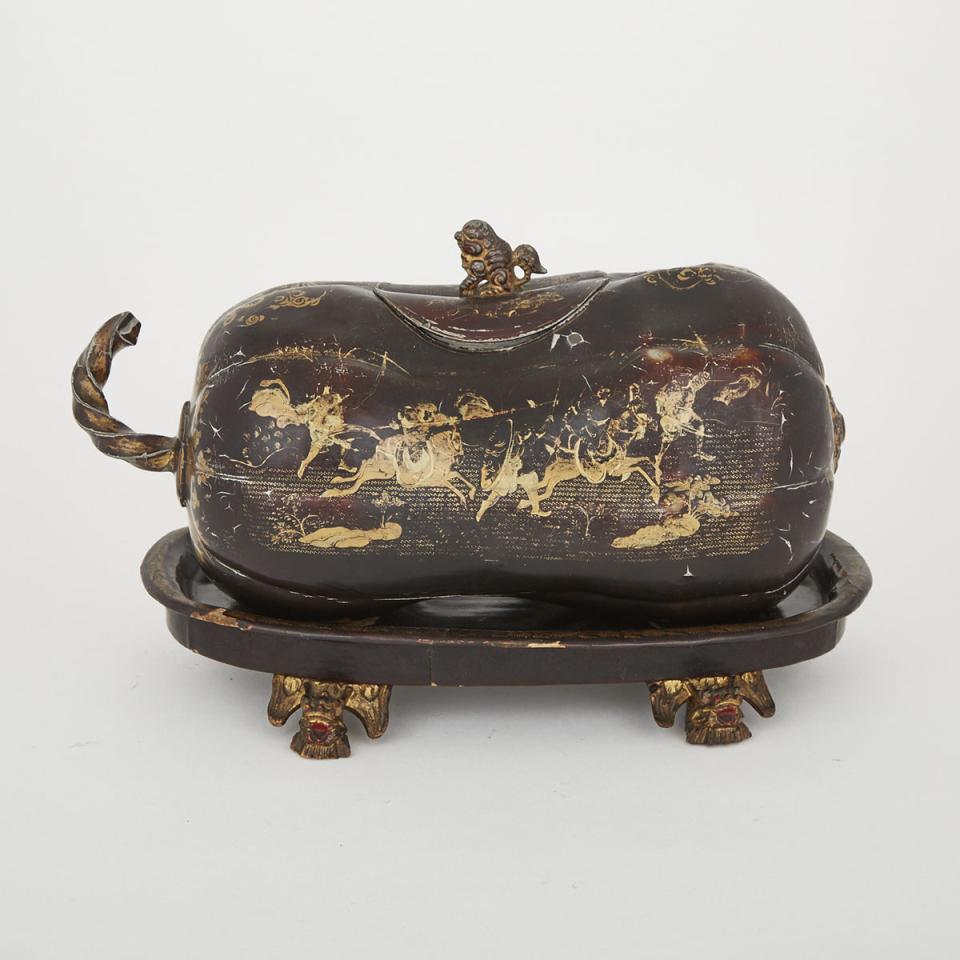 Burmese Lacquered Lead Squash Form Caddy on Stand, 19th century