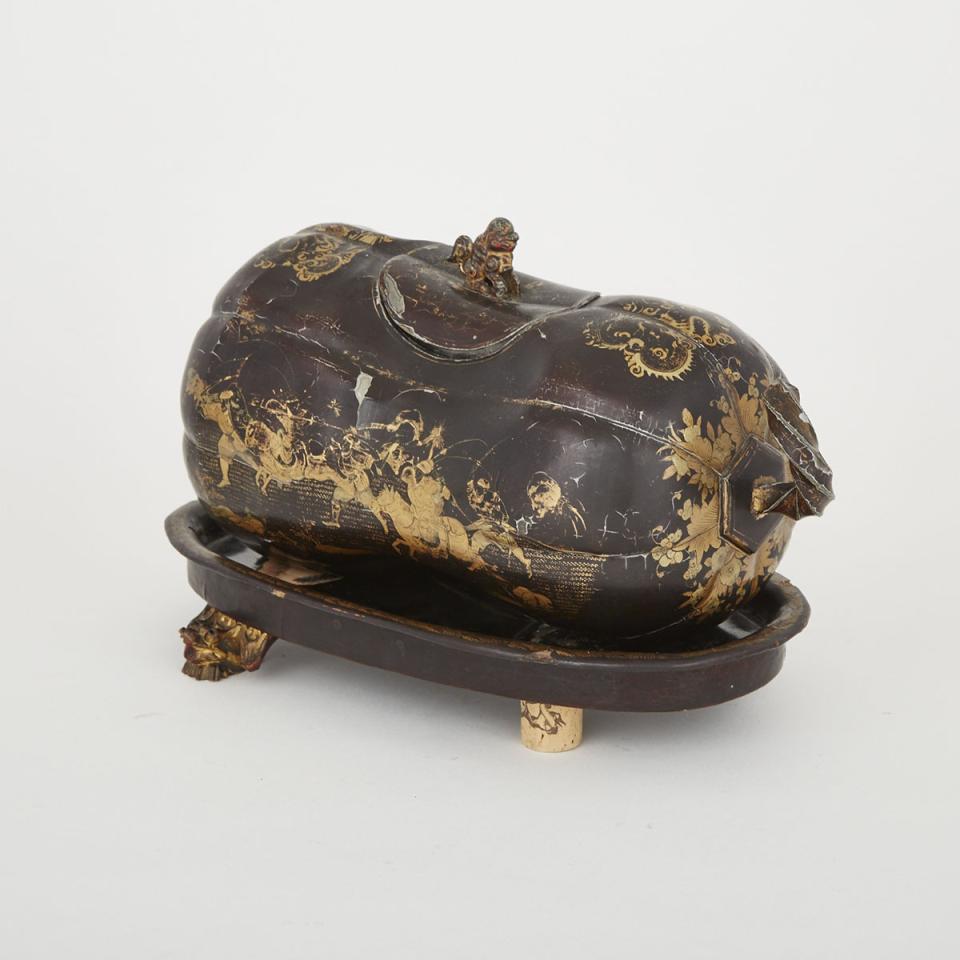 Burmese Lacquered Lead Squash Form Caddy on Stand, 19th century