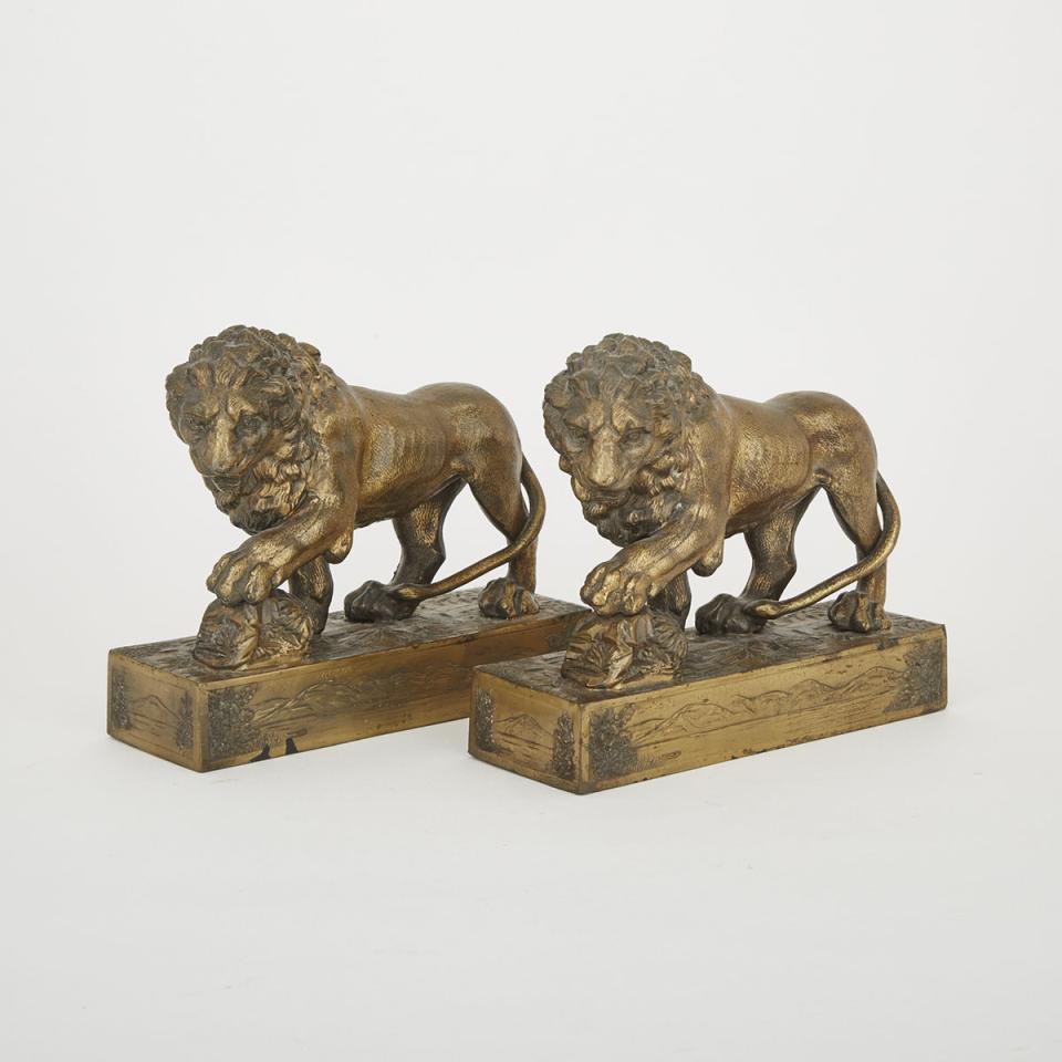 Pair of Gilt White Metal Models of Lions, 19th century