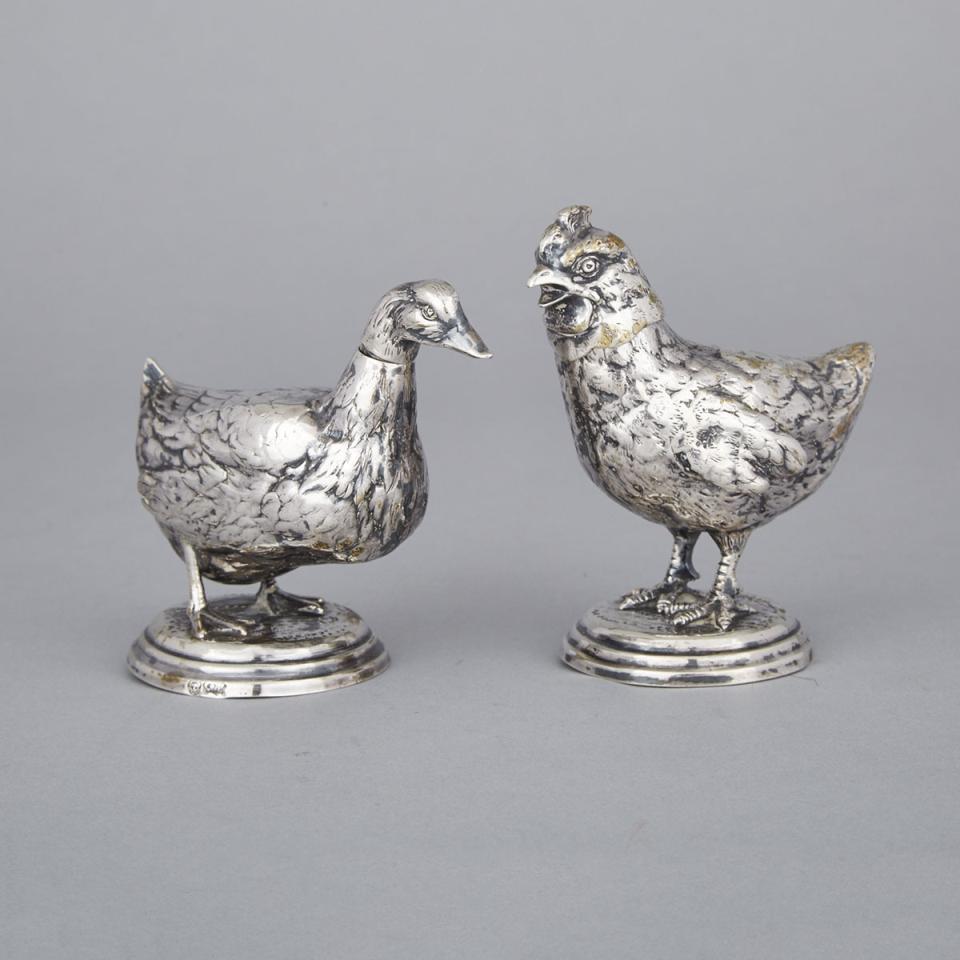 Pair of German Silver Bird-Form Casters, probably Hanau, c.1900