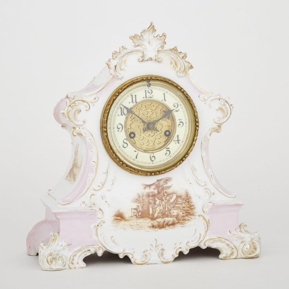 Victorian Porcelain Mantle Clock, Waterbury Clock Co., 19th century