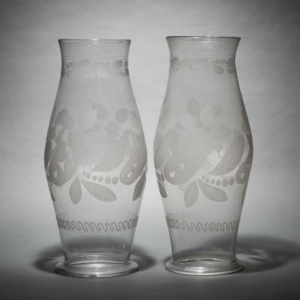 Pair of Large Continental Etched Glass Hurricane Candle Shades, 19th century 