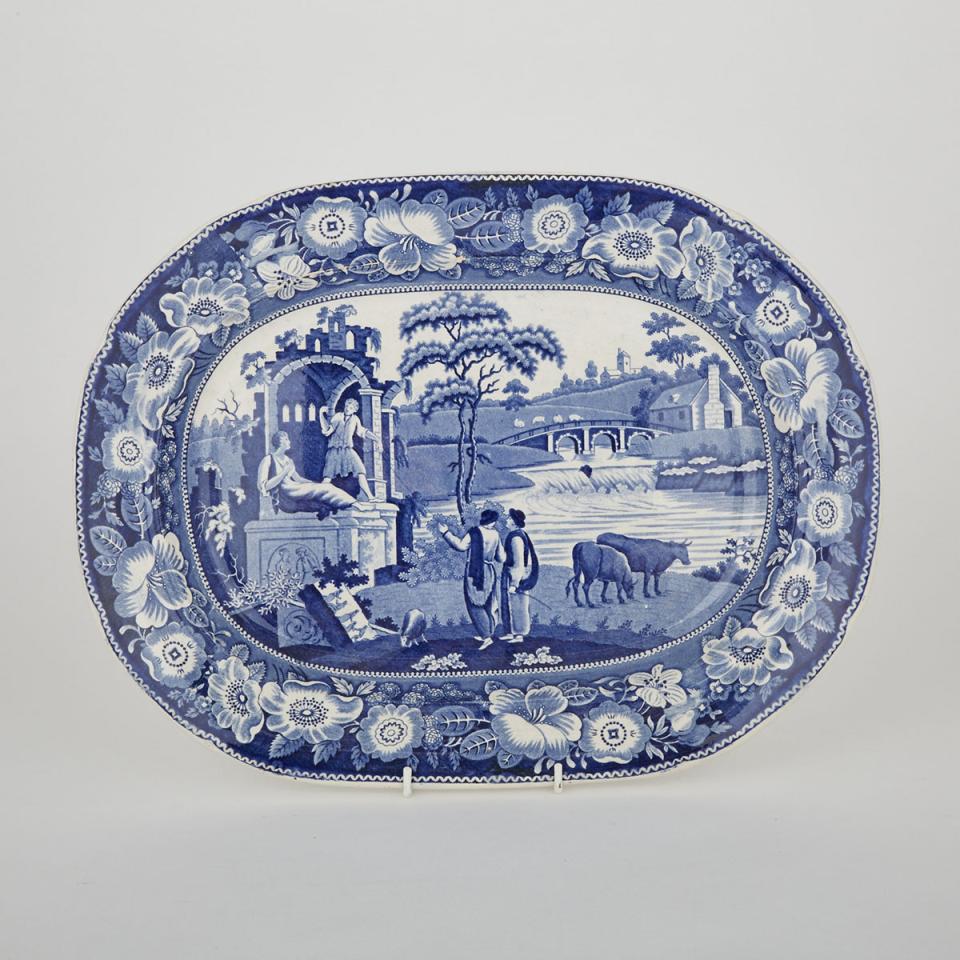 Staffordshire Blue Printed ‘Philosopher’ Oval Platter, c.1820