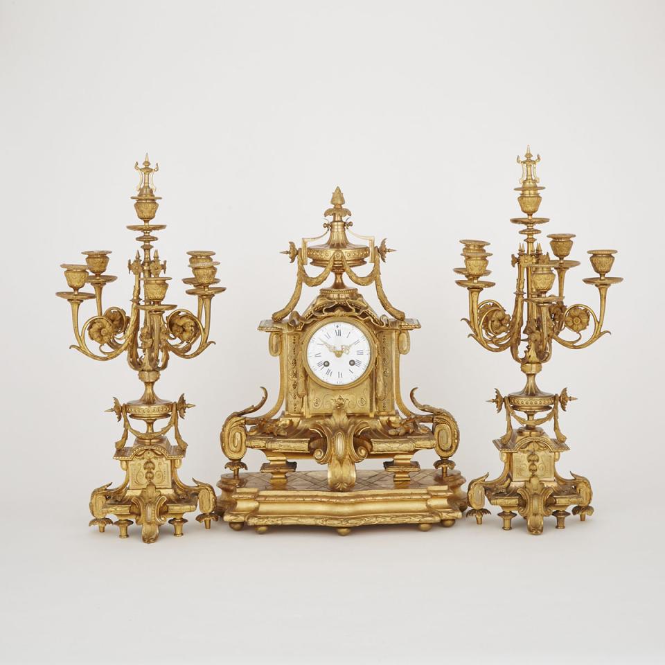 Louis XVI Style Gilt Bronze Clock Garniture, early 19th century