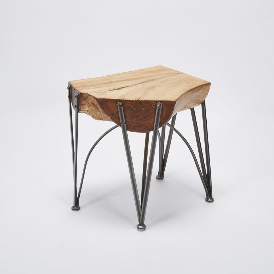 Contemporary Cherry Free Edge Log Table/ Stool on wrought iron stand